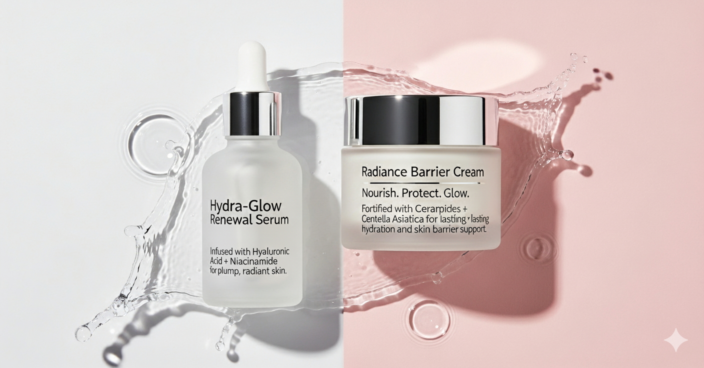 Two skincare products, 'Hydra-Glow Renewal Serum' and 'Radiance Barrier Cream', on a light pink background.