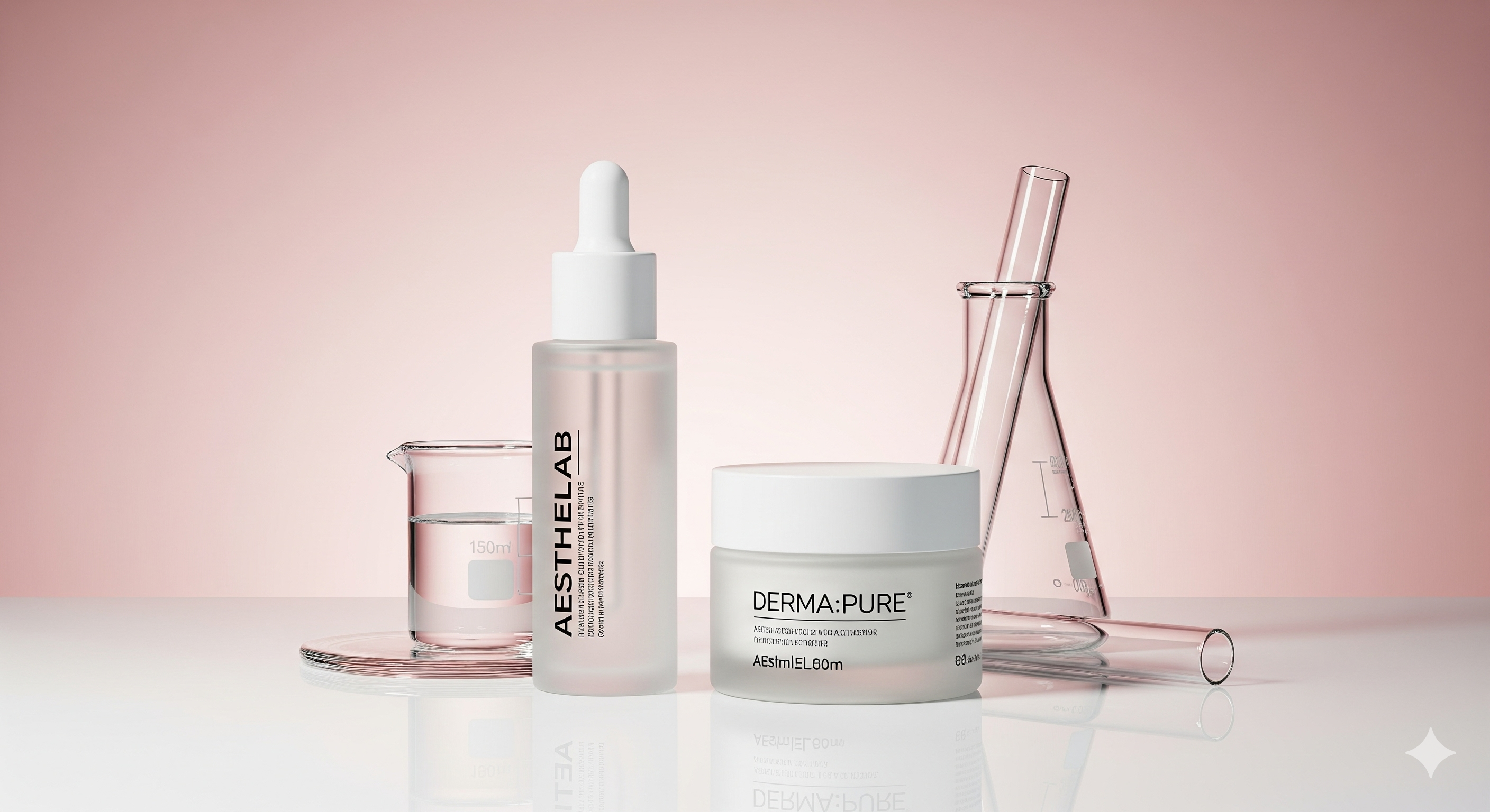 Skincare products from AESTHETLAB and DermaPure on a light pink background