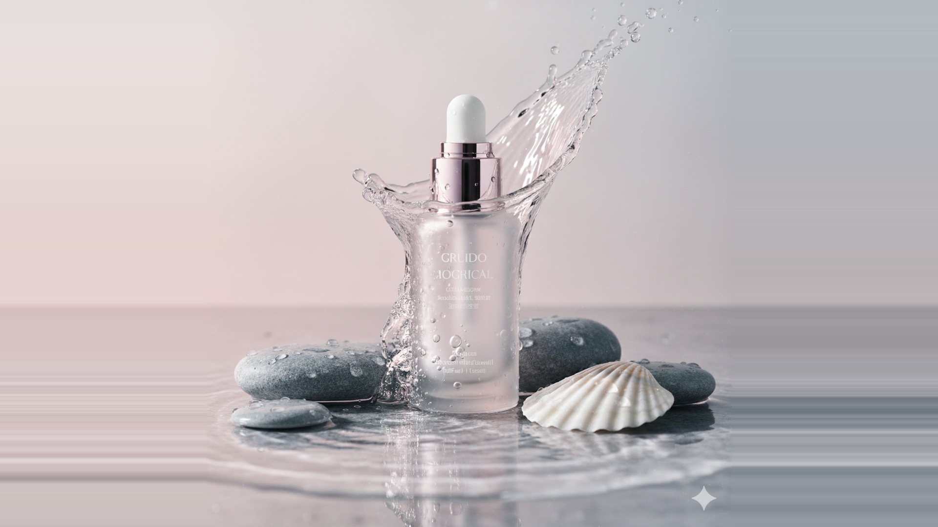 Skincare serum bottle with dropper on a reflective surface with stones and a shell.